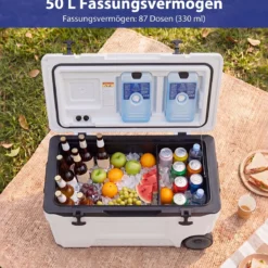 Kühlbox 50 L Große Thermobox aus Kunststoff mit Rollen & Griff Isolierbox mit Ablaufstopfen Grau/Weiß