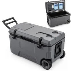 Kühlbox 50 L Große Thermobox aus Kunststoff mit Rollen & Griff Isolierbox mit Ablaufstopfen Grau/Weiß