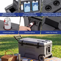 Kühlbox 50 L Große Thermobox aus Kunststoff mit Rollen & Griff Isolierbox mit Ablaufstopfen Grau/Weiß