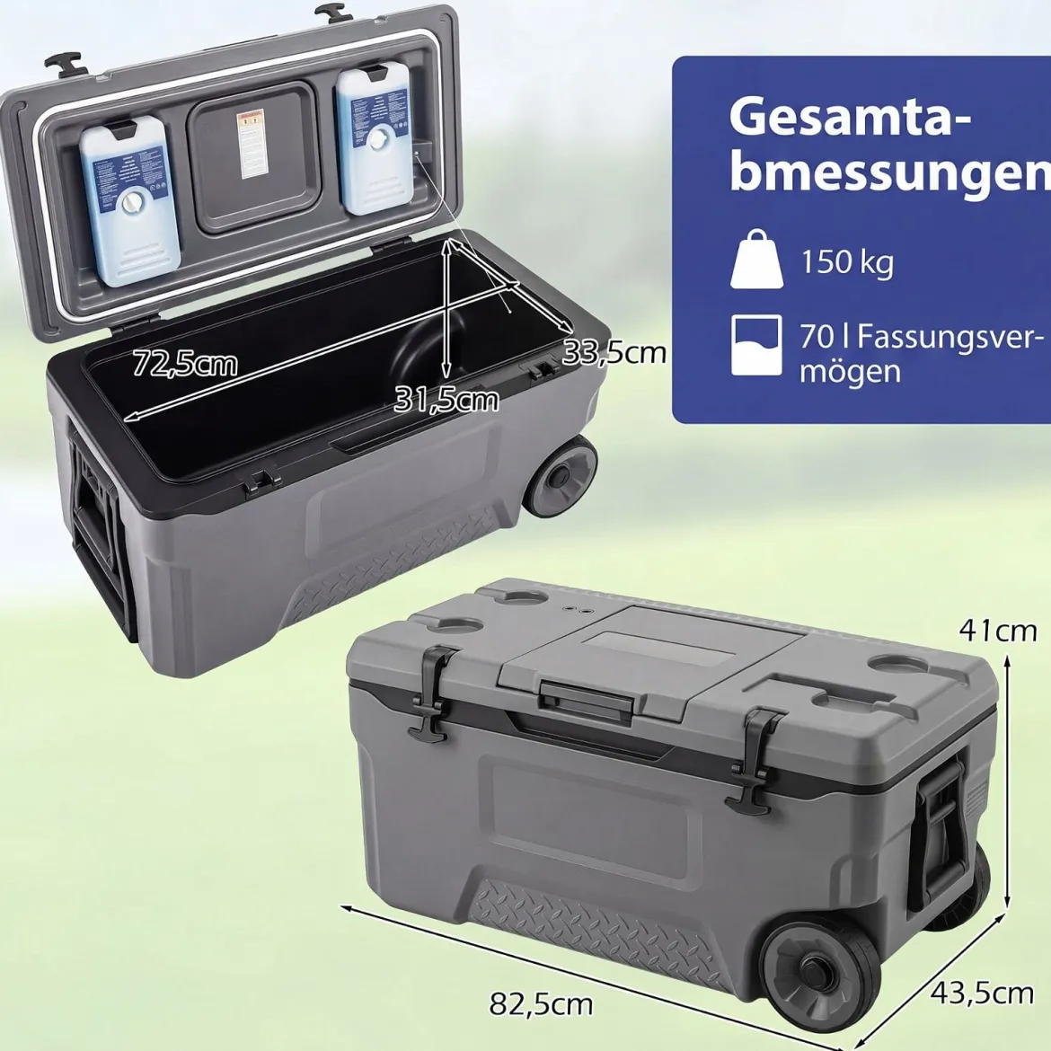 Kühlbox 70 L Große Thermobox aus Kunststoff mit Rollen & Griff Isolierbox mit Ablaufstopfen Grau/Weiß