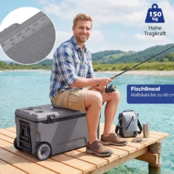 Kühlbox 70 L Große Thermobox aus Kunststoff mit Rollen & Griff Isolierbox mit Ablaufstopfen Grau/Weiß