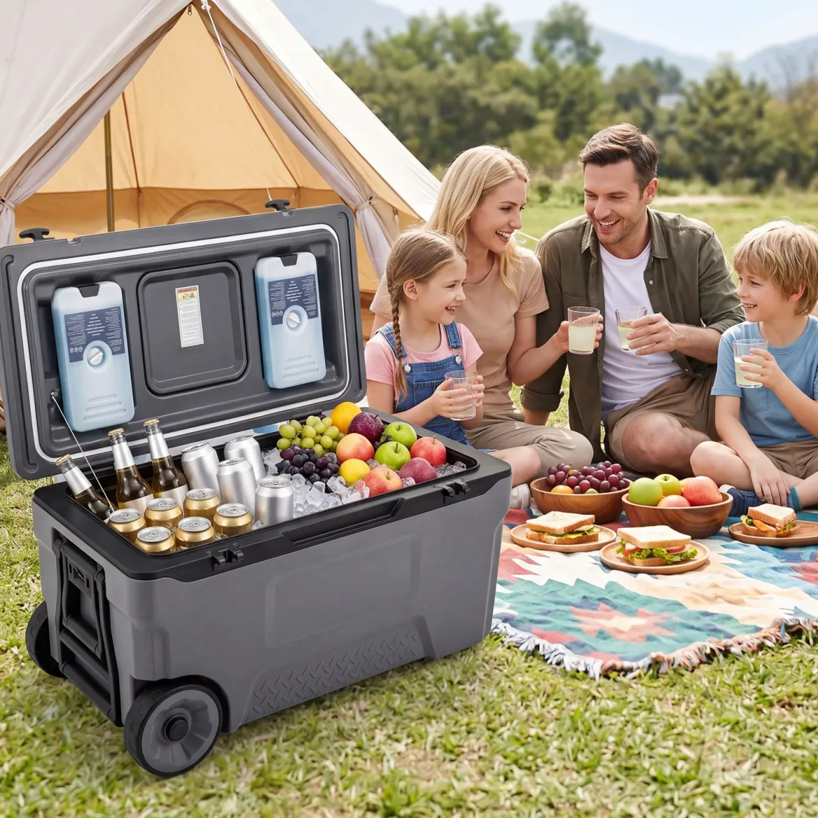 Kühlbox 70 L Große Thermobox aus Kunststoff mit Rollen & Griff Isolierbox mit Ablaufstopfen Grau/Weiß