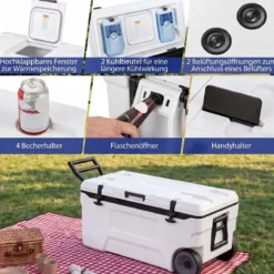 Kühlbox 70 L Große Thermobox aus Kunststoff mit Rollen & Griff Isolierbox mit Ablaufstopfen Grau/Weiß