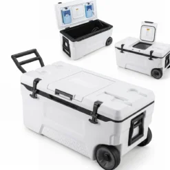 Kühlbox 70 L Große Thermobox aus Kunststoff mit Rollen & Griff Isolierbox mit Ablaufstopfen Grau/Weiß