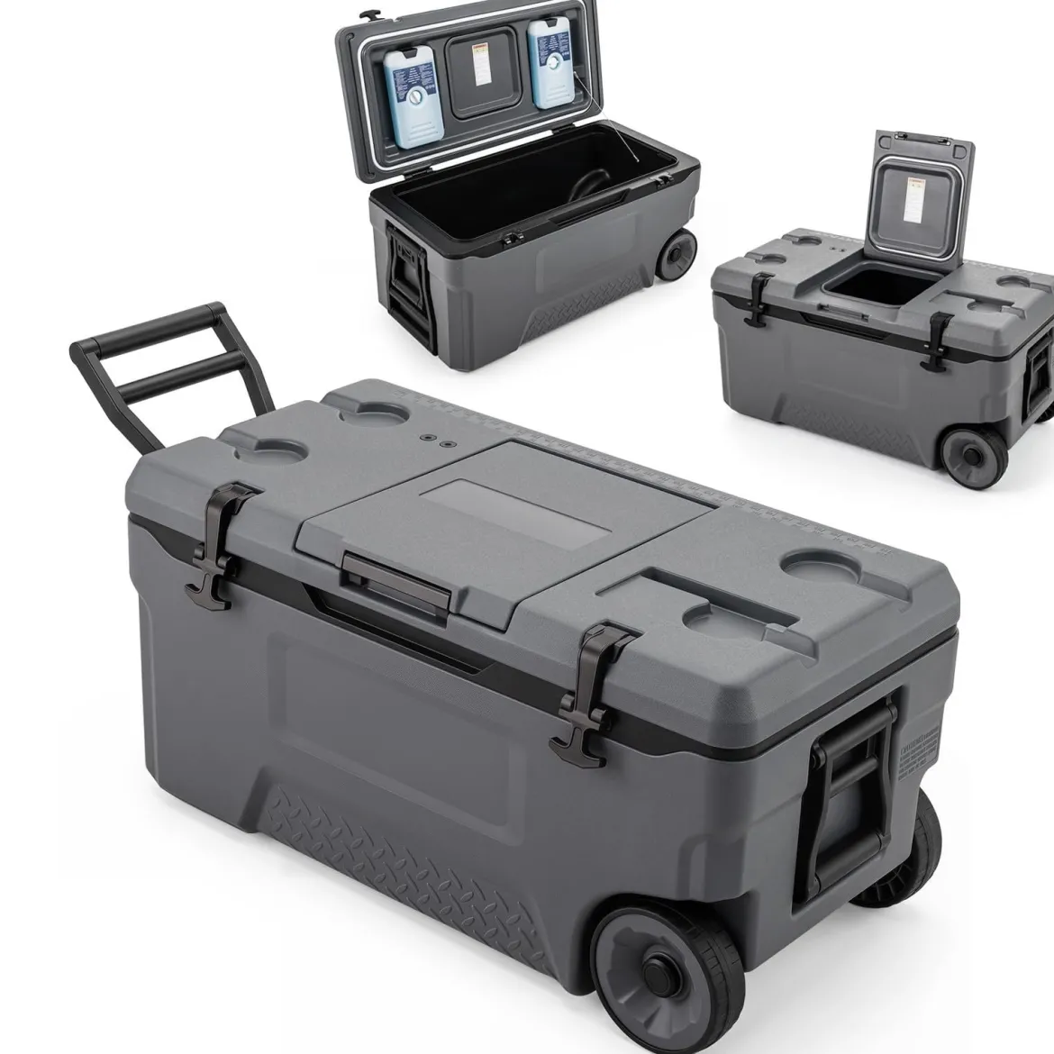 Kühlbox 70 L Große Thermobox aus Kunststoff mit Rollen & Griff Isolierbox mit Ablaufstopfen Grau/Weiß