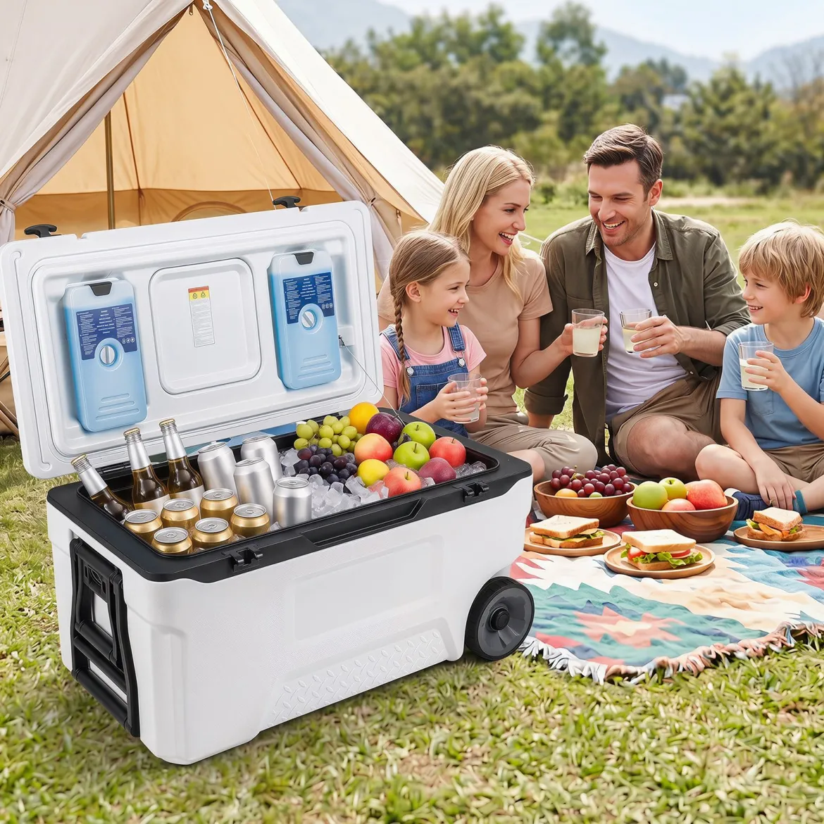 Kühlbox 70 L Große Thermobox aus Kunststoff mit Rollen & Griff Isolierbox mit Ablaufstopfen Grau/Weiß