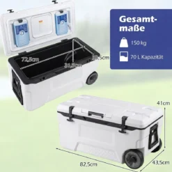 Kühlbox 70 L Große Thermobox aus Kunststoff mit Rollen & Griff Isolierbox mit Ablaufstopfen Grau/Weiß