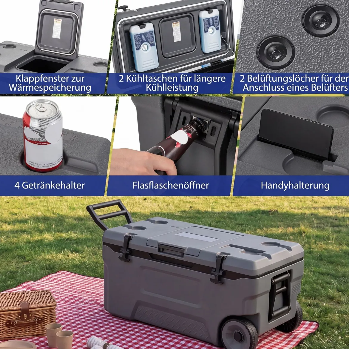 Kühlbox 70 L Große Thermobox aus Kunststoff mit Rollen & Griff Isolierbox mit Ablaufstopfen Grau/Weiß