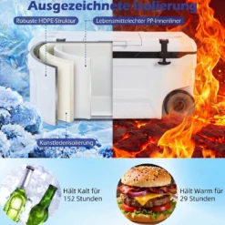 Kühlbox 70 L Große Thermobox aus Kunststoff mit Rollen & Griff Isolierbox mit Ablaufstopfen Grau/Weiß