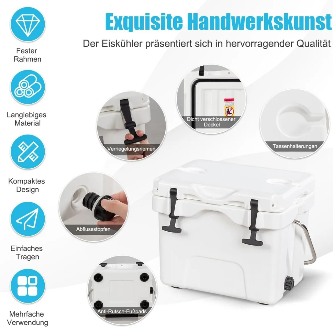 Kühlbox mit 15 L Fassungsvermögen Eistruhe mit Griff Ablassstopfen & 2 Getränkehaltern Weiß