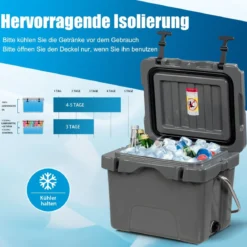 Kühlbox mit 15 L Fassungsvermögen Eistruhe mit Griff Ablassstopfen & 2 Getränkehaltern Grau