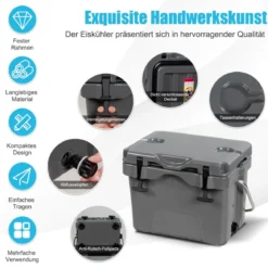 Kühlbox mit 15 L Fassungsvermögen Eistruhe mit Griff Ablassstopfen & 2 Getränkehaltern Grau