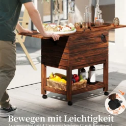 Kühlwagen Getränkewagen mit 2 Seitenablagen Holz Servierwagen Kühlbox Getränkekühler Eiswagen