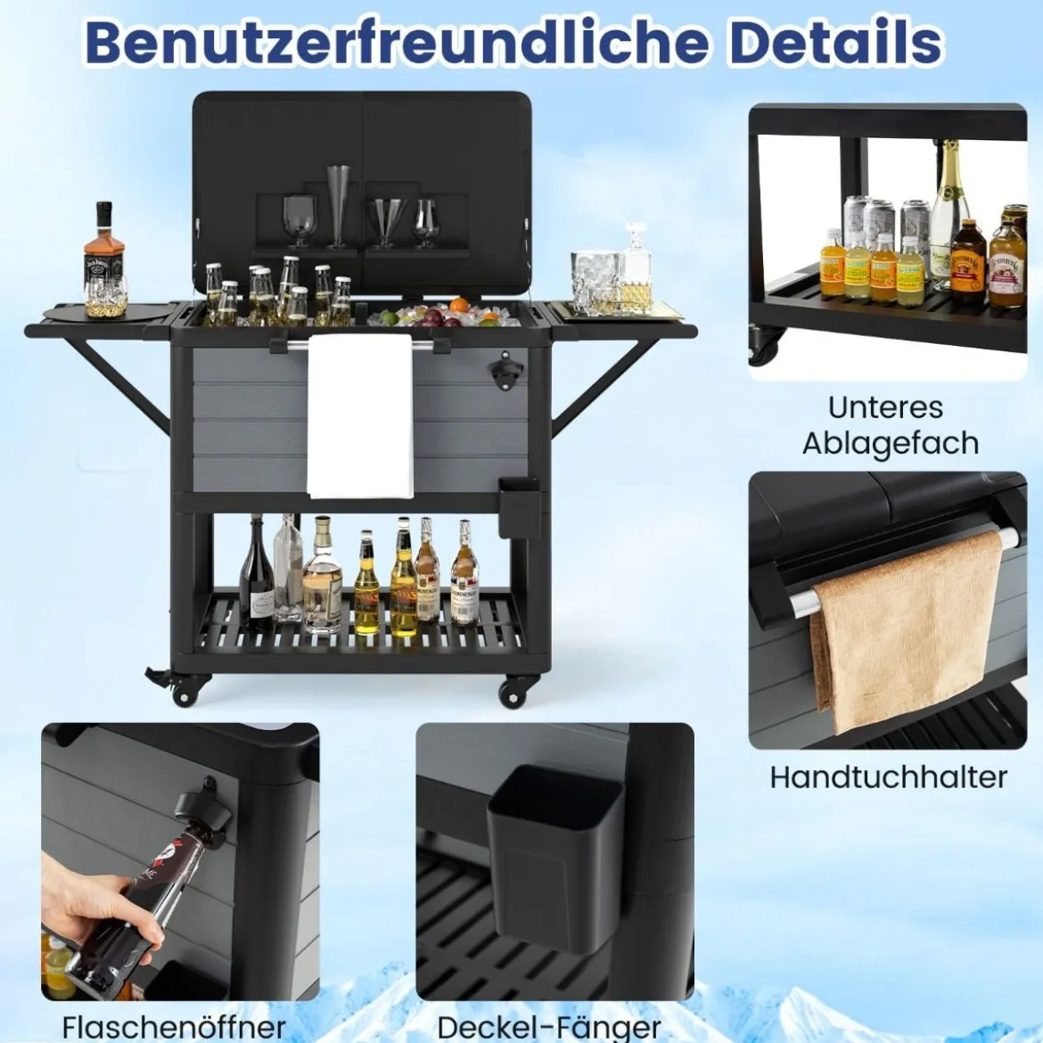 Kühlwagen mit 2 Seitenablagen & Flaschenöffner & Handtuchhalter Servierwagen Beistellwagen