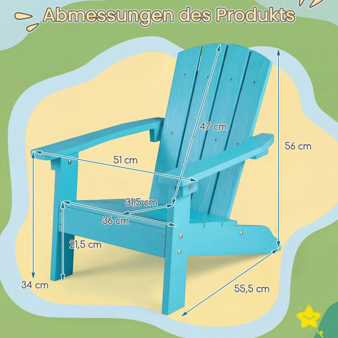 Kinder Adirondack Stuhl aus HIPS Gartenstuhl mit Ergonomischer Rückenlehne Türkis