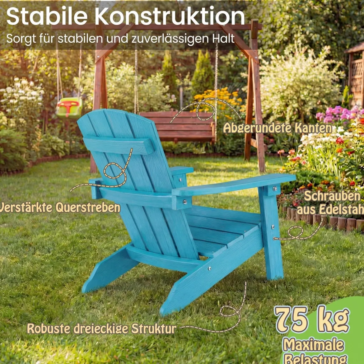 Kinder Adirondack Stuhl aus HIPS Gartenstuhl mit Ergonomischer Rückenlehne Türkis