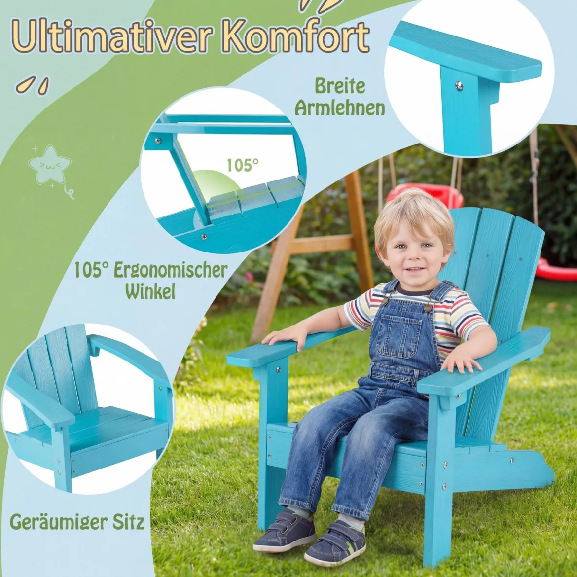 Kinder Adirondack Stuhl aus HIPS Gartenstuhl mit Ergonomischer Rückenlehne Türkis