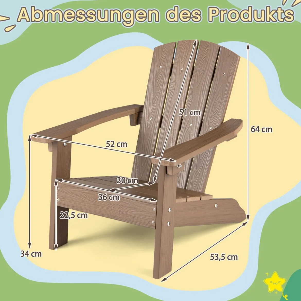 Kinder Adirondack Stuhl aus HIPS Gartenstuhl mit Ergonomischer Rückenlehne Braun