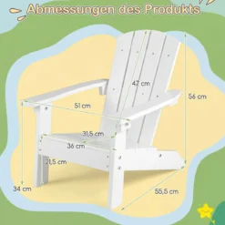 Kinder Adirondack Stuhl aus HIPS Gartenstuhl mit Ergonomischer Rückenlehne Weiß