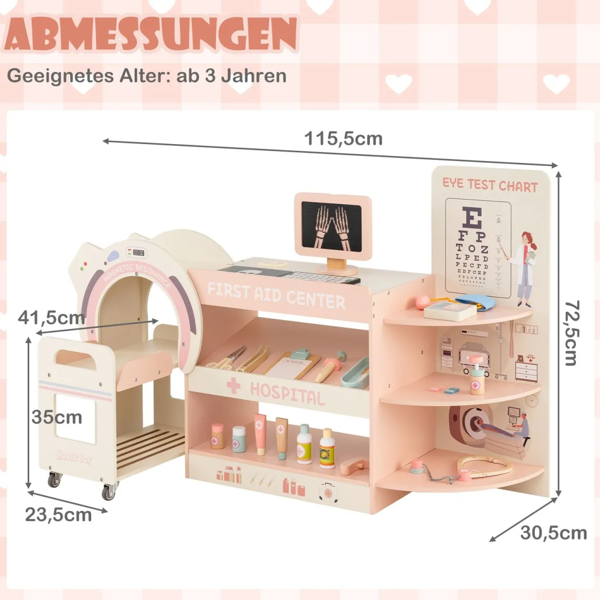 Kinder Arzt Spielset mit Sehtafel & Spielzeug-CT-Gerät Holz Krankenhaus Rollenspiel Kit Rosa