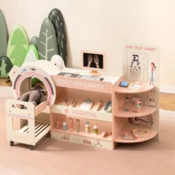 Kinder Arzt Spielset mit Sehtafel & Spielzeug-CT-Gerät Holz Krankenhaus Rollenspiel Kit Rosa