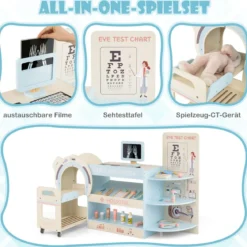 Kinder Arzt Spielset mit Sehtafel & Spielzeug-CT-Gerät Holz Krankenhaus Rollenspiel Kit Blau