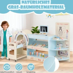 Kinder Arzt Spielset mit Sehtafel & Spielzeug-CT-Gerät Holz Krankenhaus Rollenspiel Kit Blau