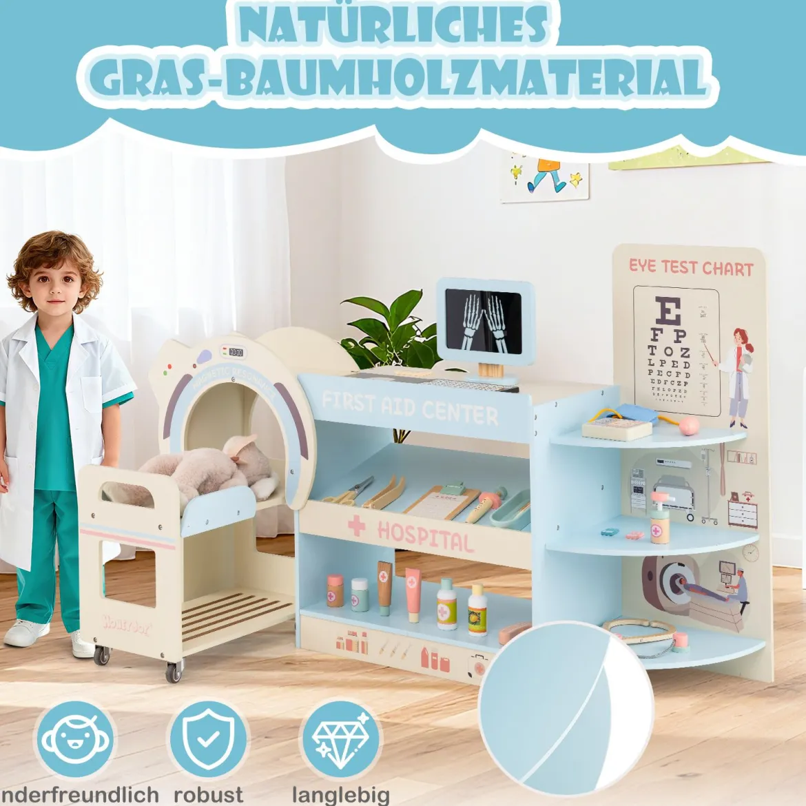 Kinder Arzt Spielset mit Sehtafel & Spielzeug-CT-Gerät Holz Krankenhaus Rollenspiel Kit Blau