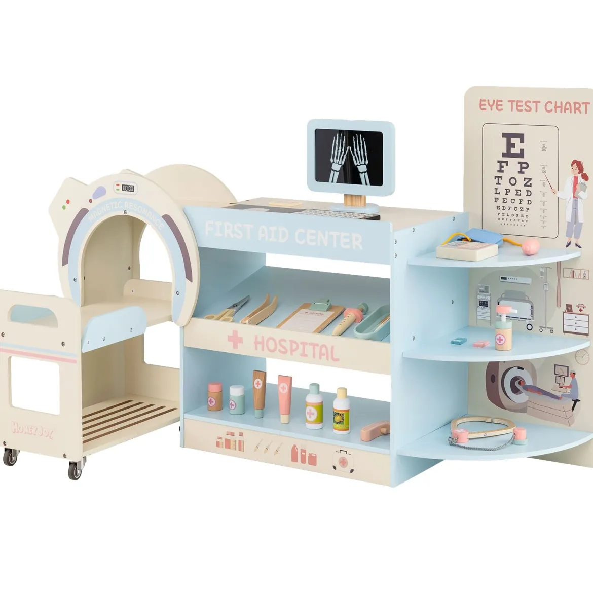 Kinder Arzt Spielset mit Sehtafel & Spielzeug-CT-Gerät Holz Krankenhaus Rollenspiel Kit Blau