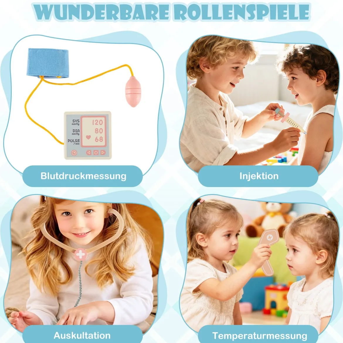 Kinder Arzt Spielset mit Sehtafel & Spielzeug-CT-Gerät Holz Krankenhaus Rollenspiel Kit Blau