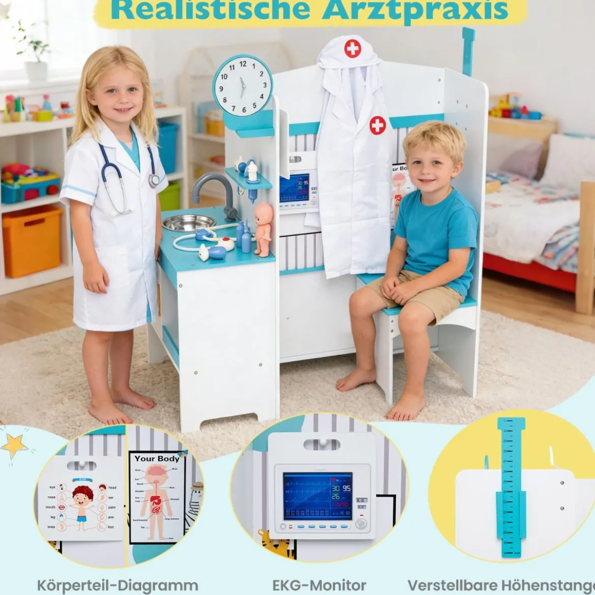 Kinder Arzt Spielset mit 27 Zubehörteilen Medizinisches Zentrum mit EKG Monitor Blau