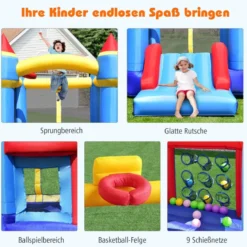 Kinder aufblasbare Hüpfburg mit Rutsche Kinder-Hüpfburg 270 x 240 x 196 cm Blau + Gelb + Rot