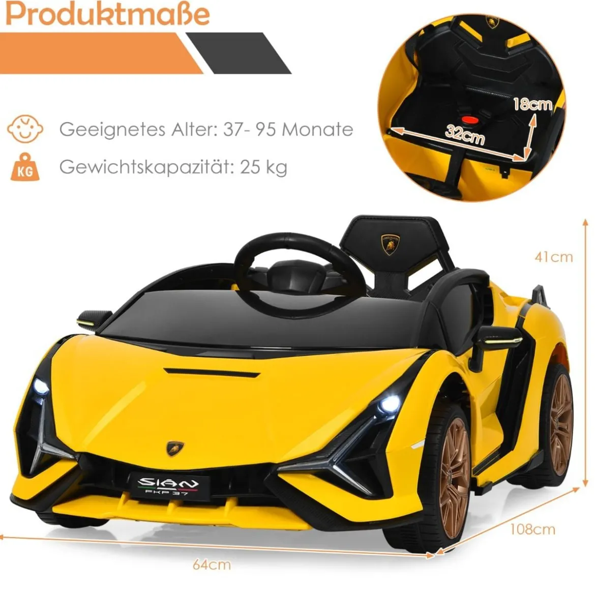 Kinderauto Batteriebetriebenes 12V Elektrofahrzeug Kinderfahrzeug 108 x 64 x 41 cm Gelb