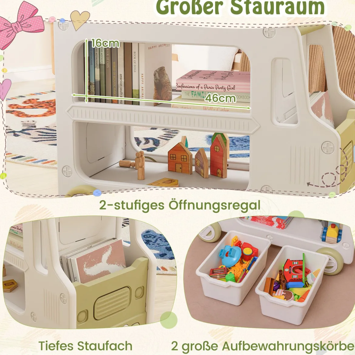 Kinder Autoförmiger Regal mit 2 Aufbewahrungsboxen Spielzeugregal Kinderregal Weiß