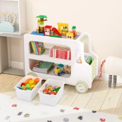 Kinder Autoförmiger Regal mit 2 Aufbewahrungsboxen Spielzeugregal Kinderregal Weiß