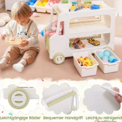 Kinder Autoförmiger Regal mit 2 Aufbewahrungsboxen Spielzeugregal Kinderregal Weiß