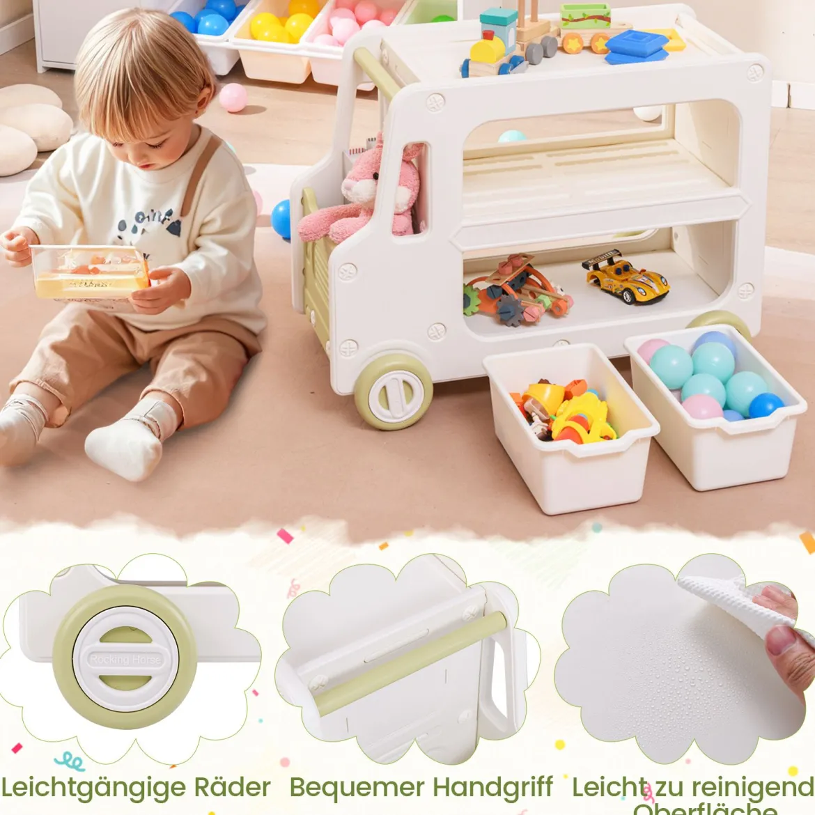 Kinder Autoförmiger Regal mit 2 Aufbewahrungsboxen Spielzeugregal Kinderregal Weiß