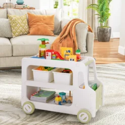 Kinder Autoförmiger Regal mit 2 Aufbewahrungsboxen Spielzeugregal Kinderregal Weiß