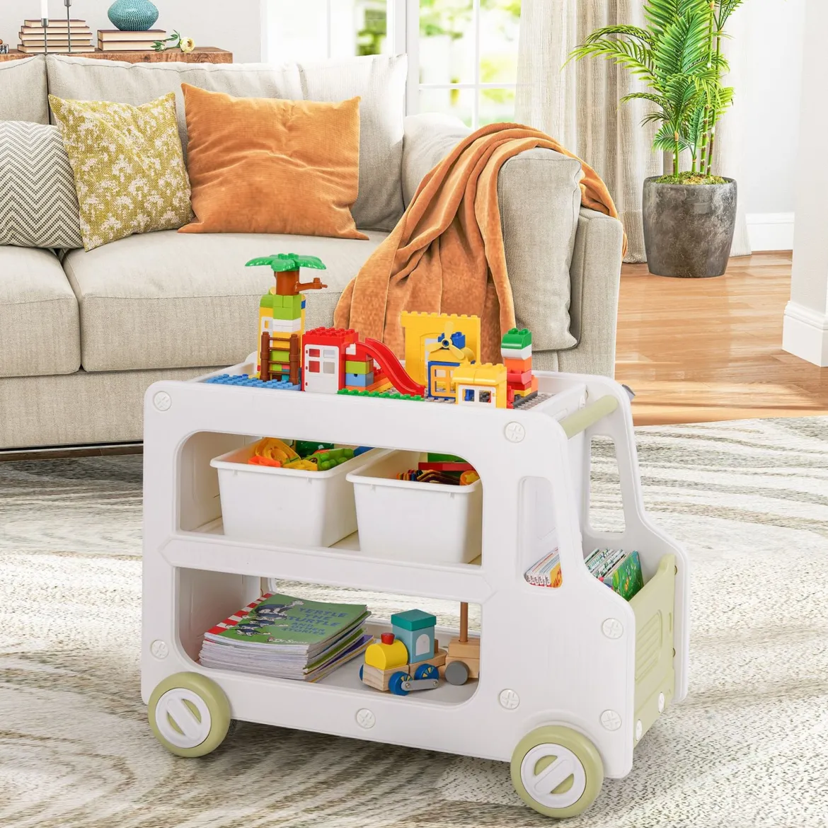 Kinder Autoförmiger Regal mit 2 Aufbewahrungsboxen Spielzeugregal Kinderregal Weiß