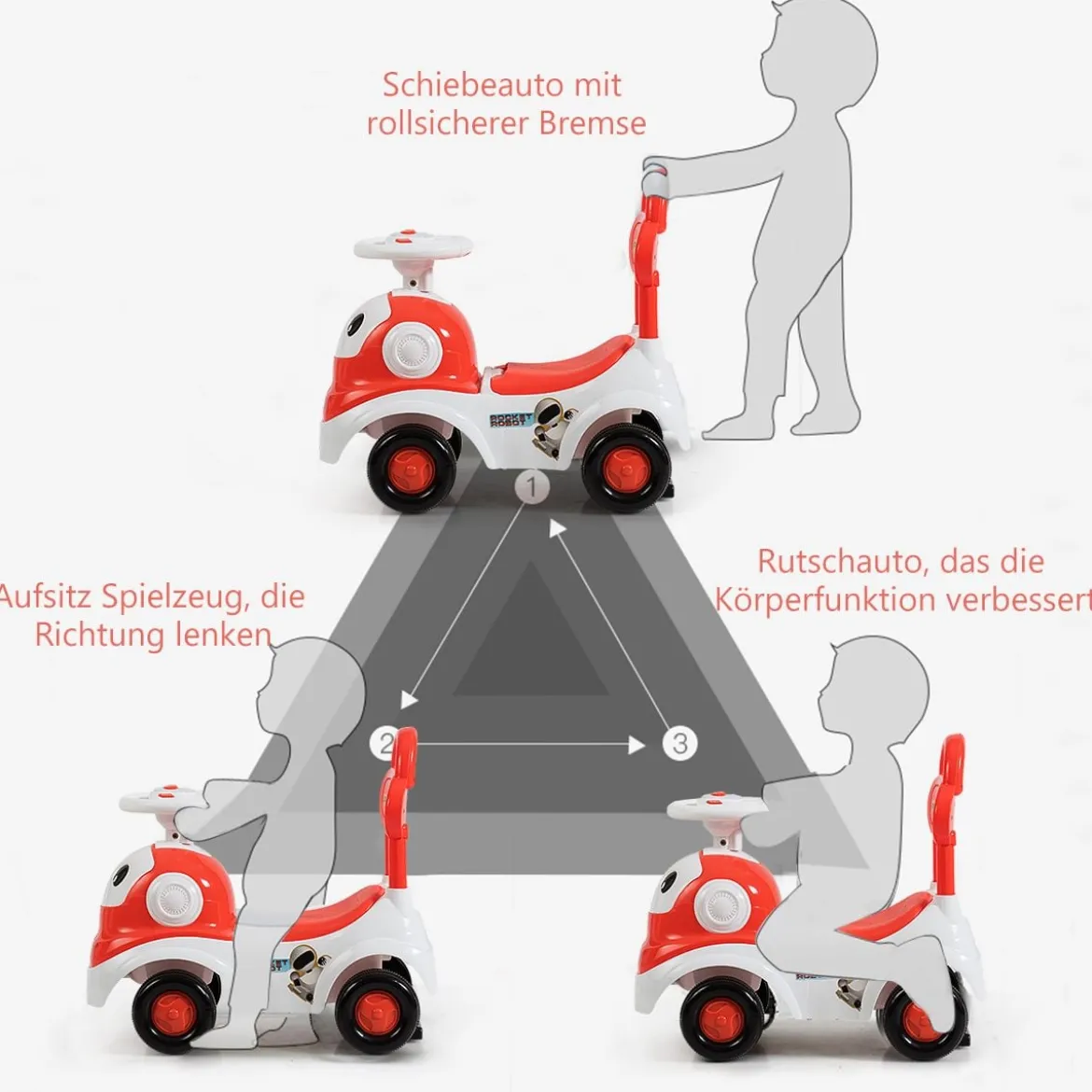 Kinderauto 3 in 1 Spielzeugauto zum Rutschen & Schieben Rutschauto mit Licht Orange