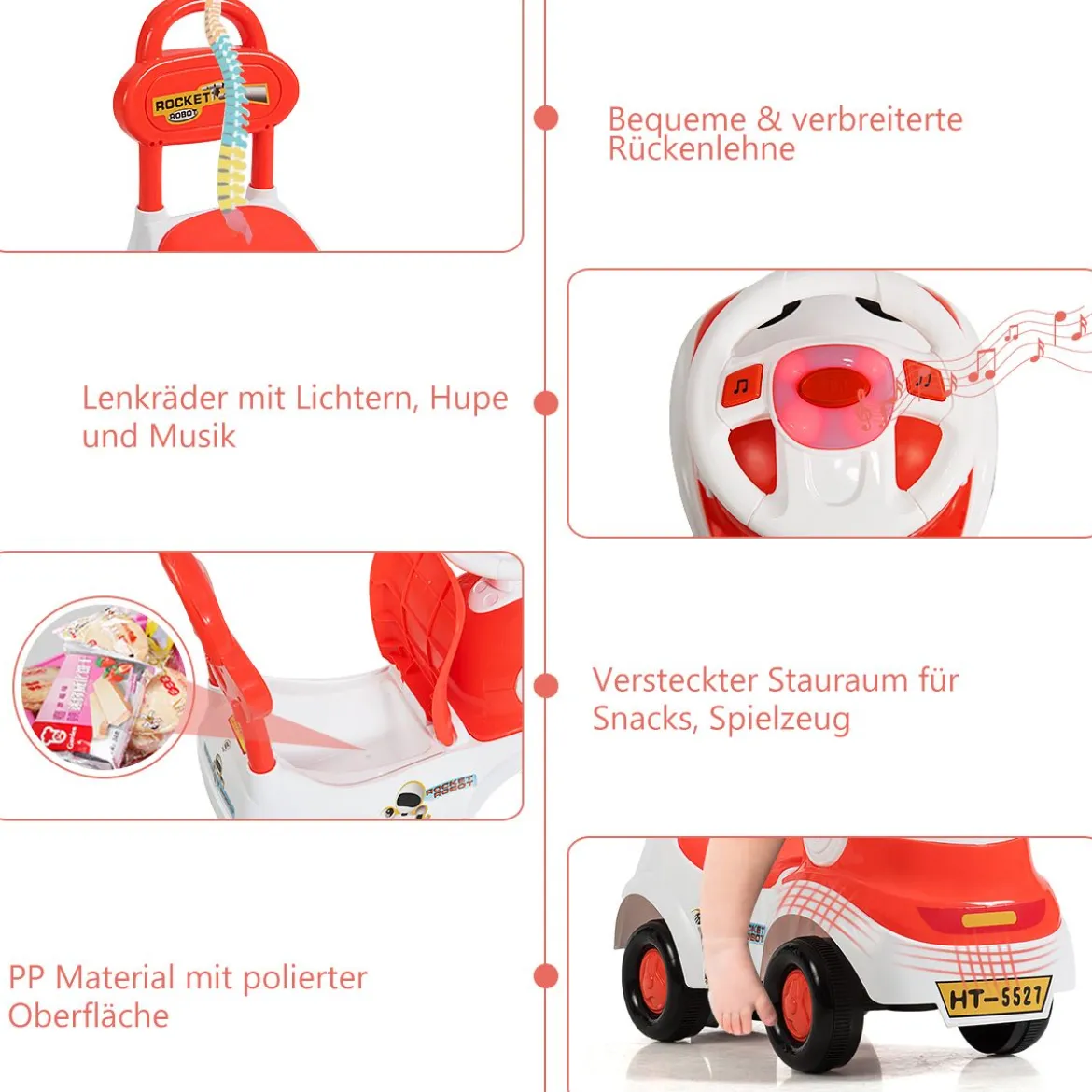 Kinderauto 3 in 1 Spielzeugauto zum Rutschen & Schieben Rutschauto mit Licht Orange