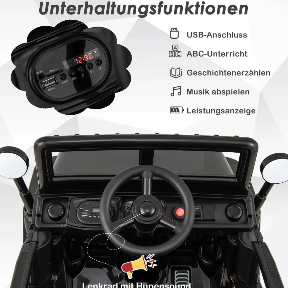 Kinderauto mit 12-V-Akku Elektrofahrzeug mit Fernsteuerung 3 Geschwindigkeiten Schwarz 102,5 x 64 x 59,5 cm