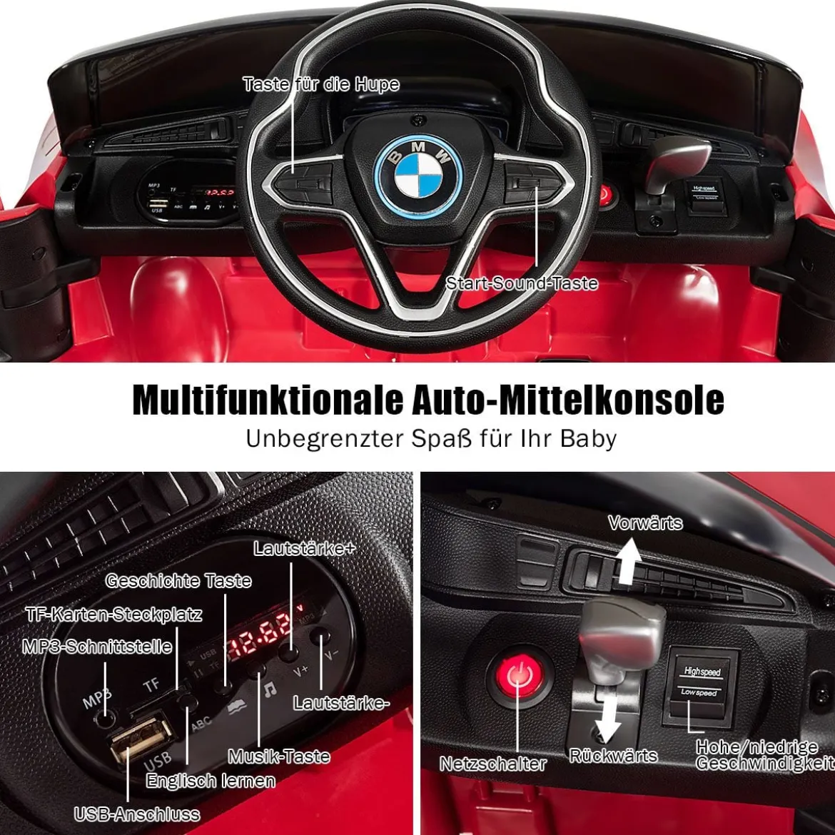 Kinderauto 12 V Batteriebetriebenes Elektroauto mit 2,4 G-Fernbedienung Rot