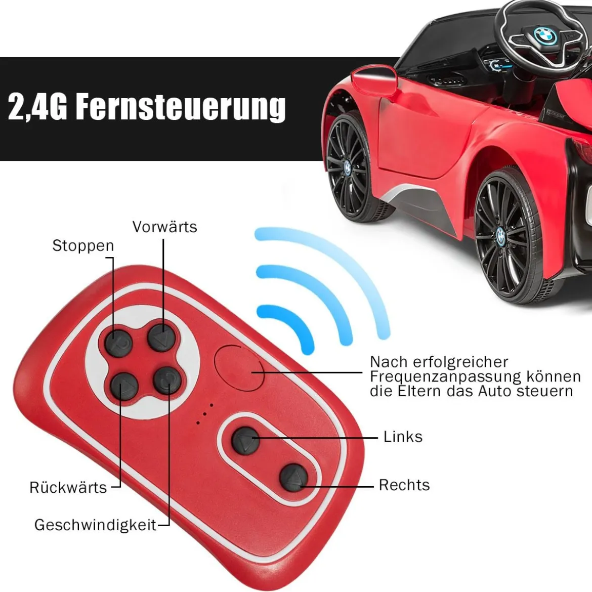 Kinderauto 12 V Batteriebetriebenes Elektroauto mit 2,4 G-Fernbedienung Rot