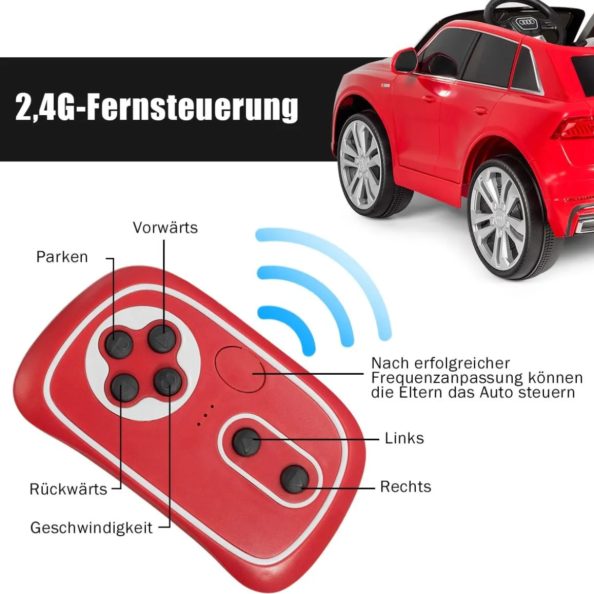 Kinderauto 12 V 3 Gang Elektroauto mit 2,4G-Fernbedienung mit Hupe LED Rot