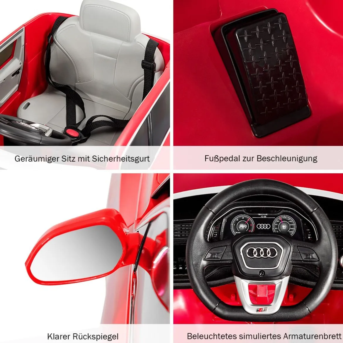 Kinderauto 12 V 3 Gang Elektroauto mit 2,4G-Fernbedienung mit Hupe LED Rot