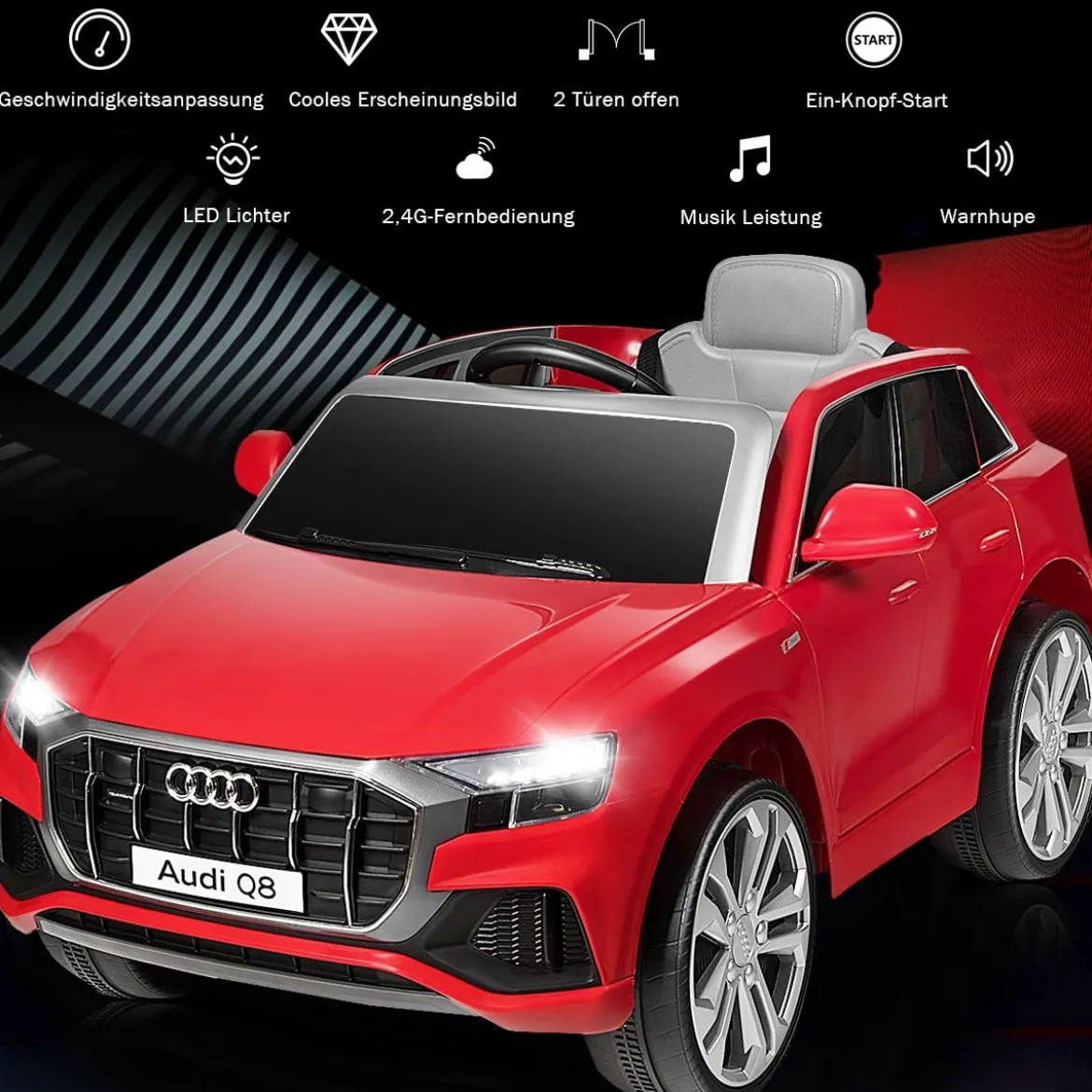 Kinderauto 12 V 3 Gang Elektroauto mit 2,4G-Fernbedienung mit Hupe LED Rot