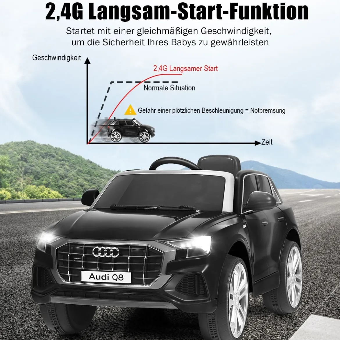 Kinderauto 12 V 3 Gang Elektroauto mit 2,4G-Fernbedienung mit Hupe LED Schwarz