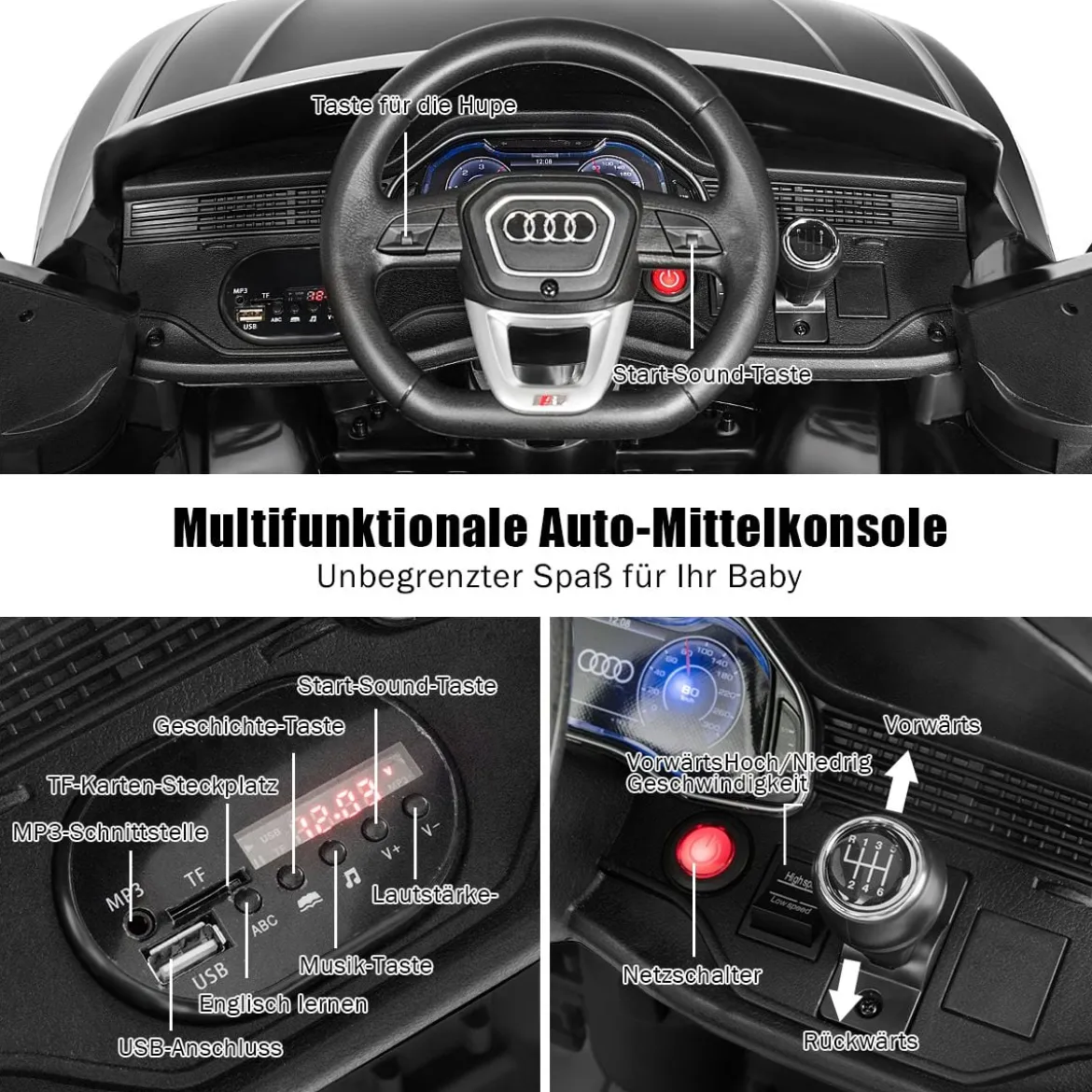 Kinderauto 12 V 3 Gang Elektroauto mit 2,4G-Fernbedienung mit Hupe LED Schwarz