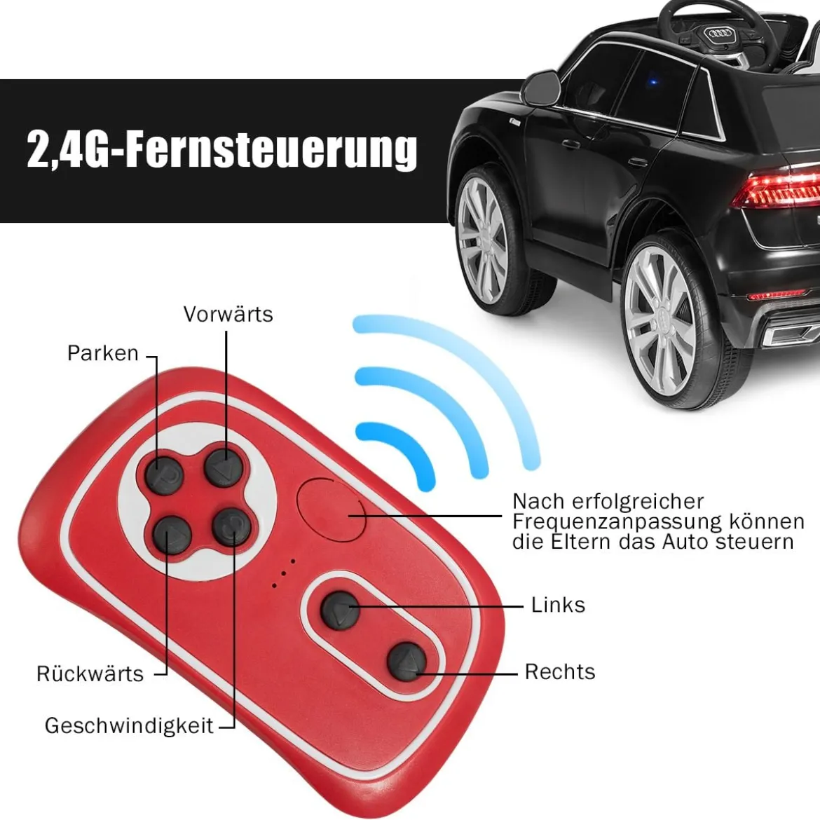 Kinderauto 12 V 3 Gang Elektroauto mit 2,4G-Fernbedienung mit Hupe LED Schwarz